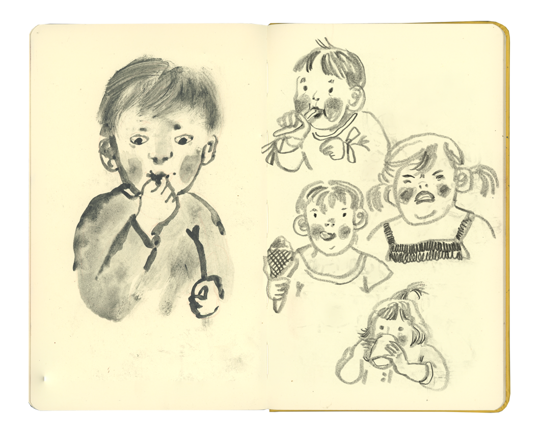 Sketch of five children enjoying ice cream, with one girl eating and four others holding or eating ice cream cones.