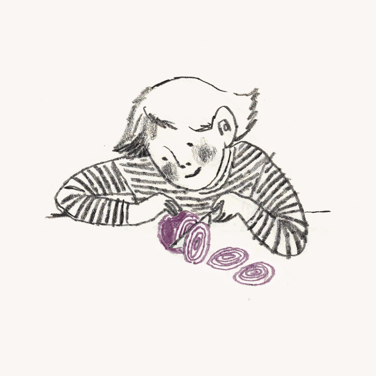 A child with short hair and a striped shirt is drawing a purple spiral on paper, with a happy expression.