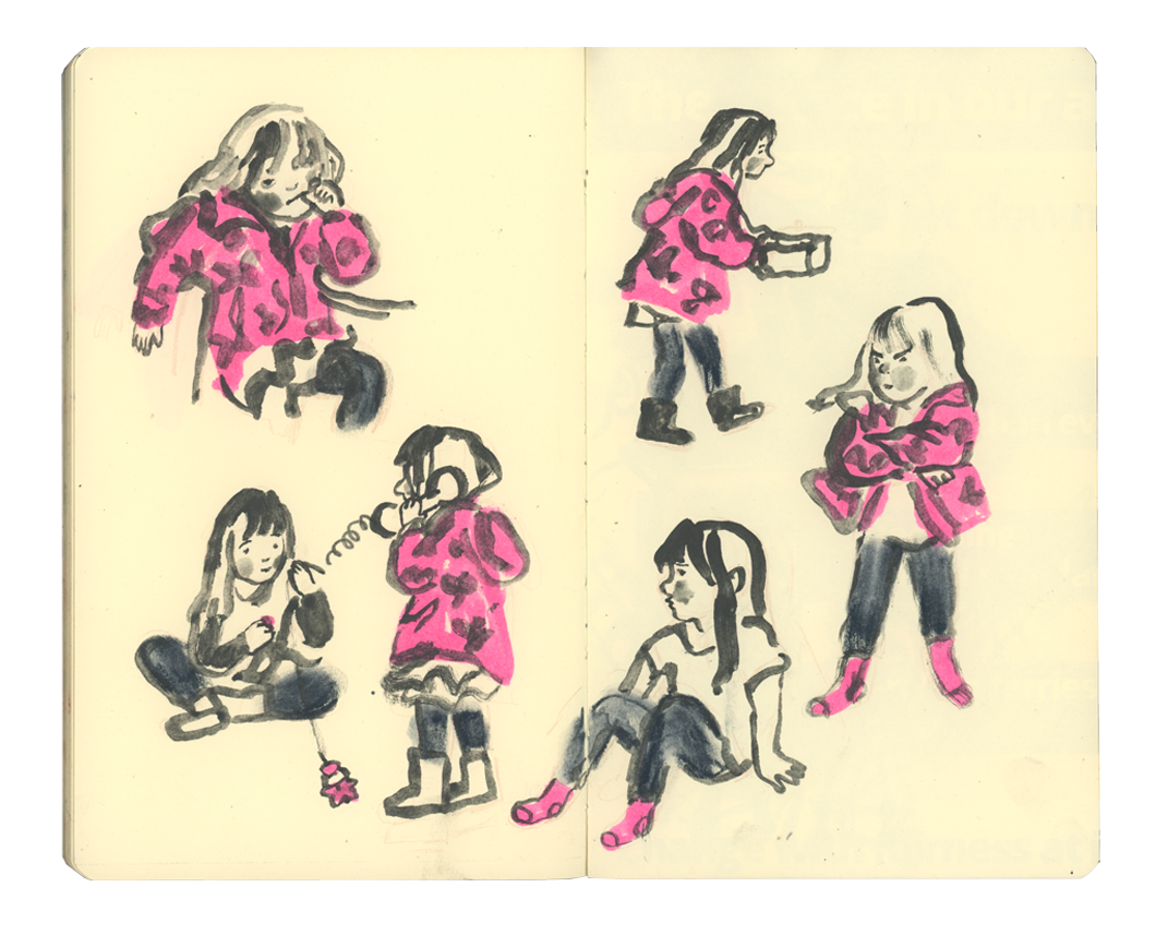 Sketch of five children, all wearing pink patterned jackets, shown in various poses and activities, some standing, sitting, and talking, with a light background.