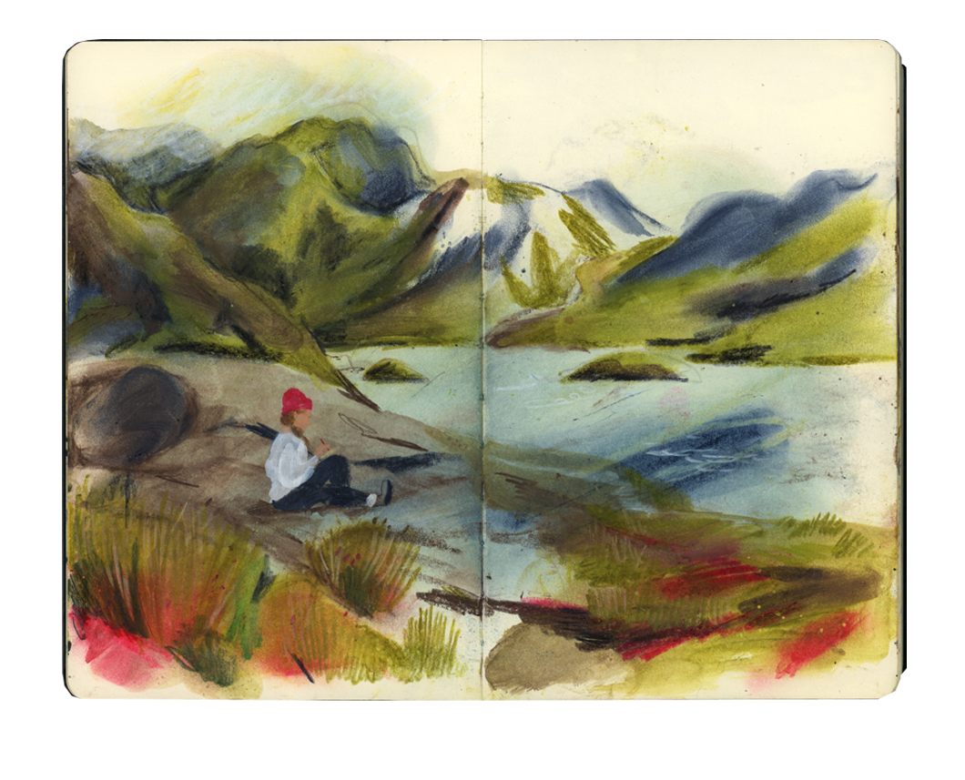 A watercolor painting of a mountain landscape with a river, grassy hills, and a person with a red hat sitting on rocks near the water.