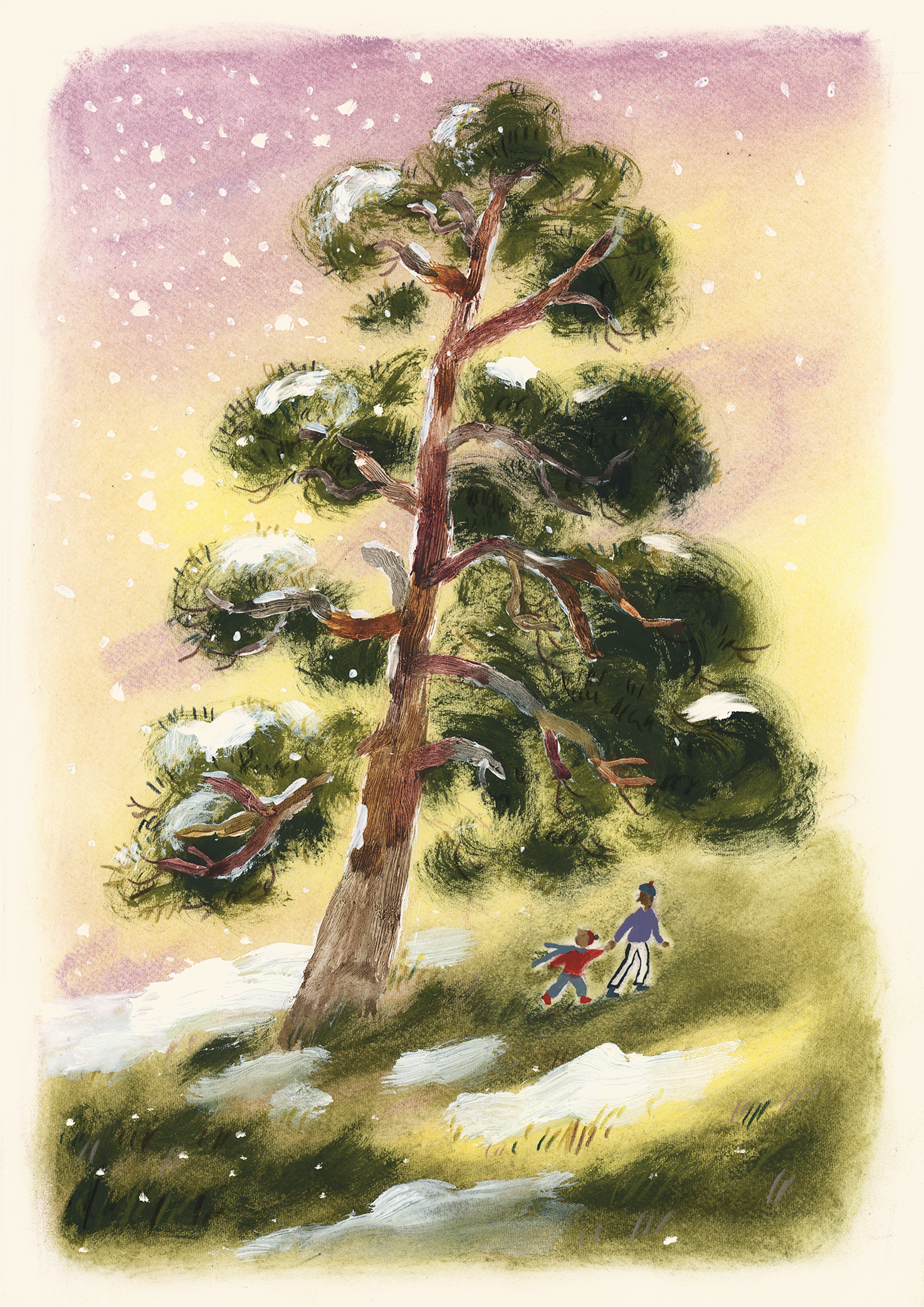 A colorful illustration of a large pine tree with snow on its branches, set against a pink and yellow sky. Two children are playing in the snow beneath the tree.