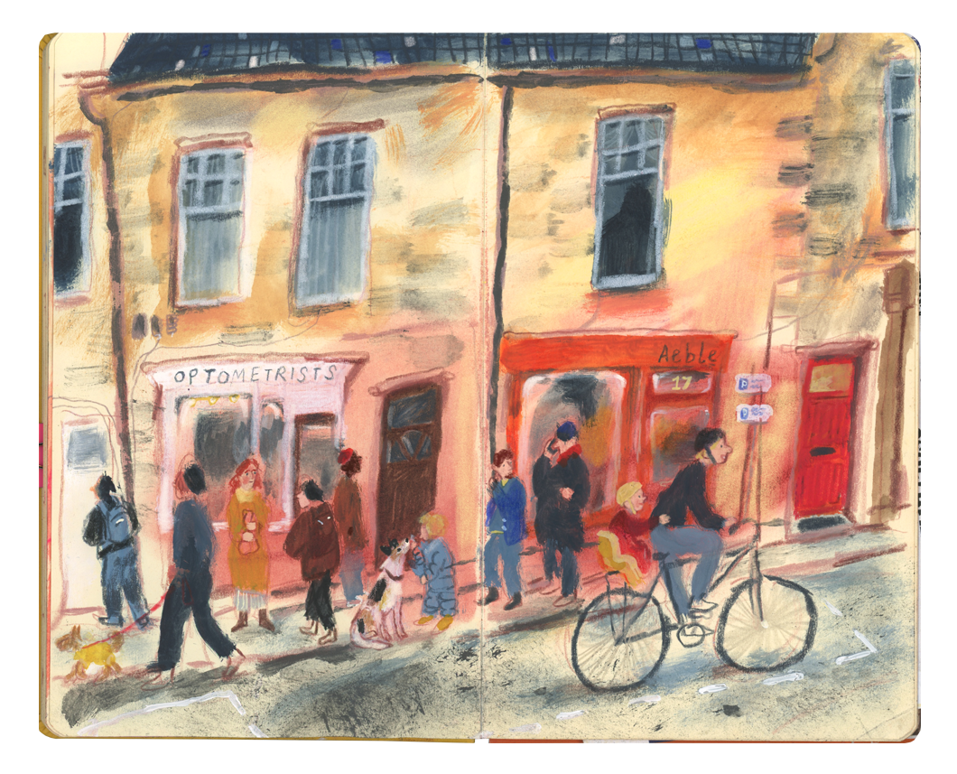 A watercolor painting of a street scene with people, including a man riding a bicycle, walking, and children in colorful outfits, in front of buildings with visible signs for optometrists and a shop called 'Aeble'.