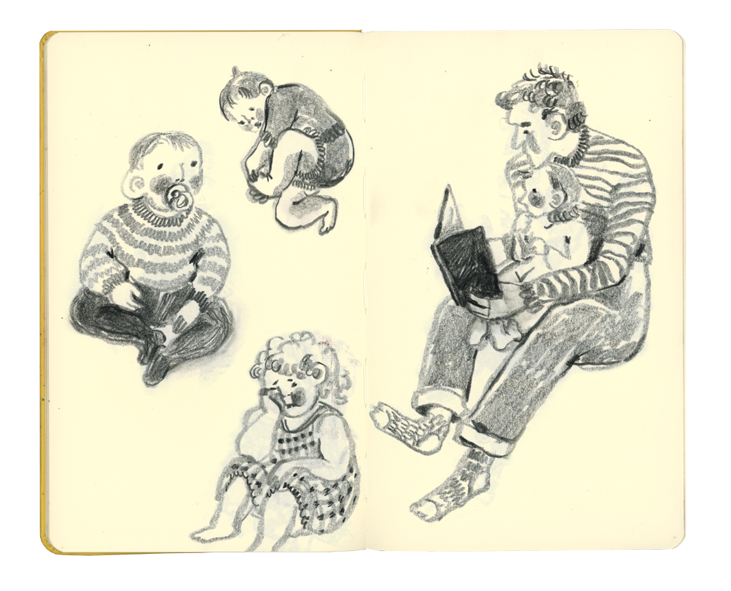 A sketch of four children and a man sitting, with three children in playful poses and one child sitting and an adult reading a book to a young girl.