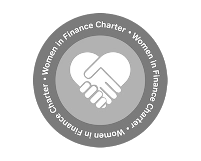 Logo with two hands shaking inside a circle, surrounded by the text 'Women in Finance Charter' repeated in a circular pattern.
