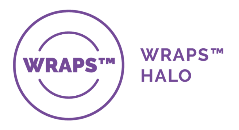 Logo with purple text and circle design that says "WRAPS" with a smaller circle around it and "HALO" to the right of the main logo.