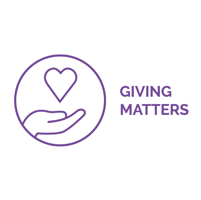 A graphic with a purple outline of a hand holding a heart inside a circle, next to the text "Giving Matters" in purple.