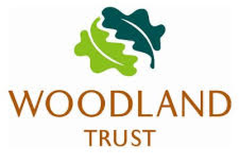 Logo for Woodland Trust with green and blue stylized leaves above the words 'Woodland Trust' in brown text.