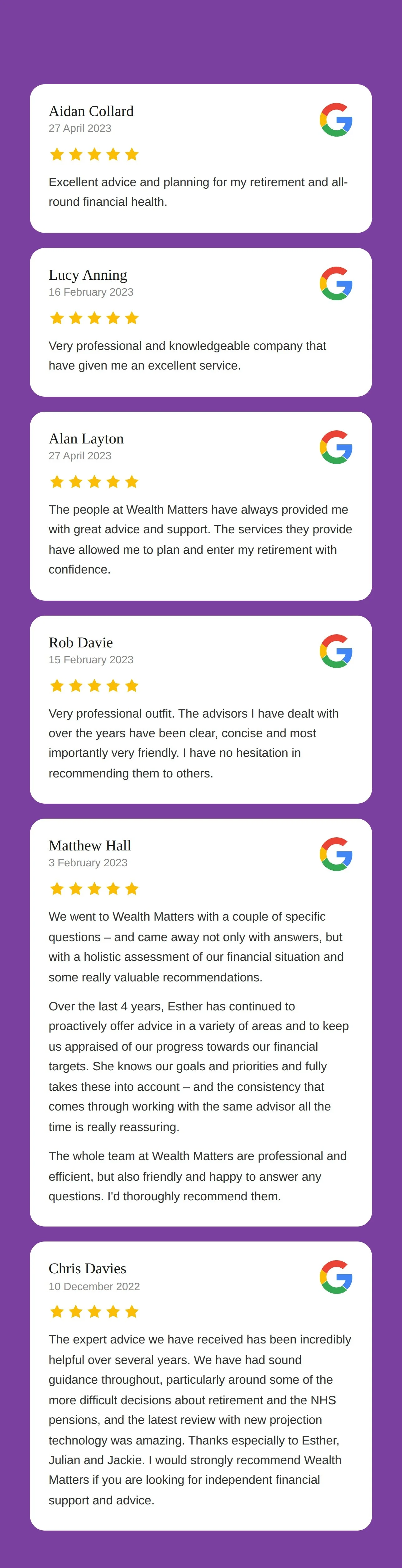 Screenshot of five reviews for Wealth Matters, with names, dates, five-star ratings, and positive comments about financial and retirement planning services, accompanied by the Google logo.