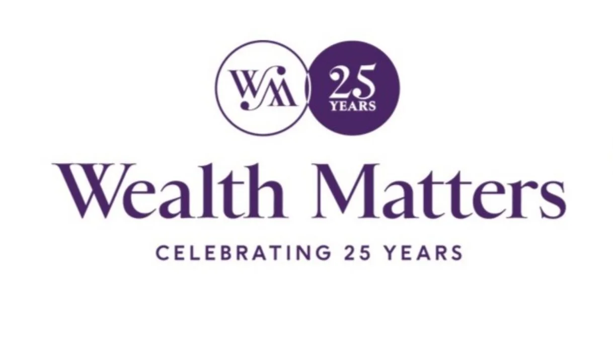 Logo for Wealth Matters celebrating 25 years, with the initials WM and a purple circle.