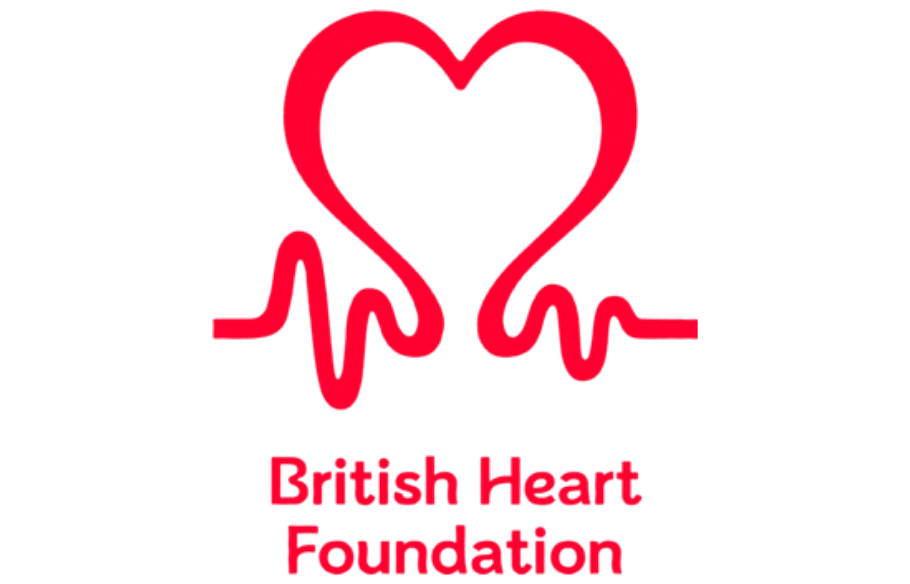 Logo of the British Heart Foundation featuring a stylized heart shape with an EKG line incorporated, and the foundation's name written below.