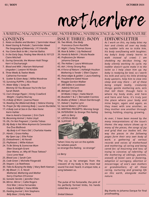 Motherlore Magazine front page with a list of contributors