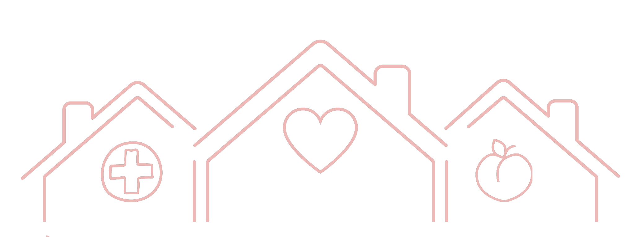 Line drawing of three connected houses as a hub with symbols: a medical cross, a heart, and a fruit with a leaf, all in pink, representing The Therapy Hub's branding.