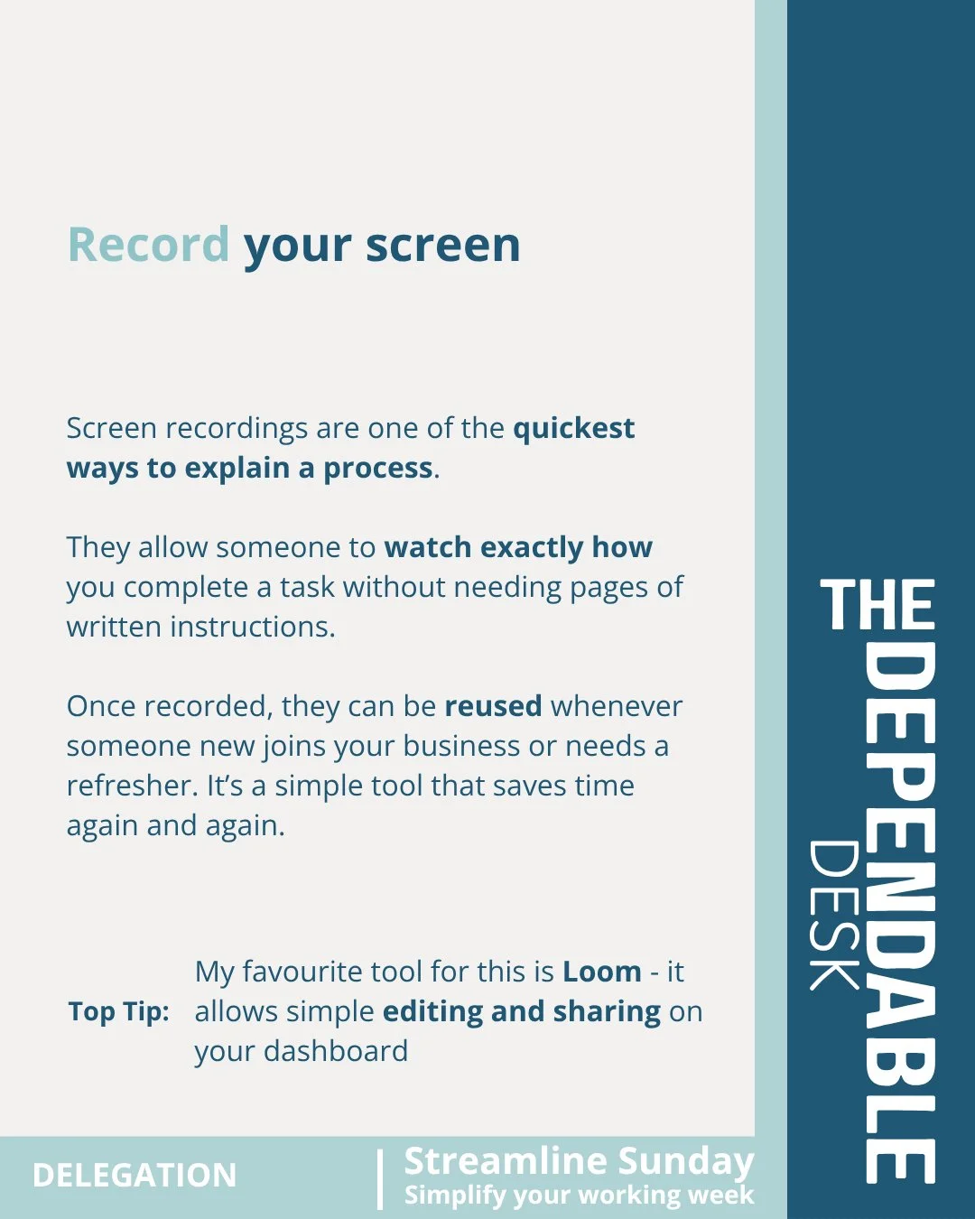 Screen recordings are such a simple way to make delegation easier. 🎥

Instead of writing out pages of instructions, you can record yourself doing the task and let someone watch exactly how you do it.

And the best bit? Once you&rsquo;ve recorded it,