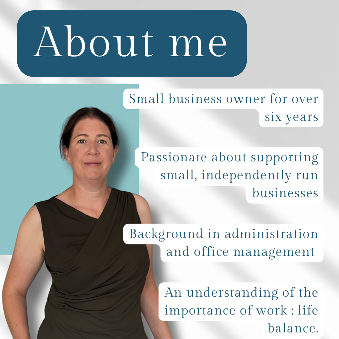 A professional woman with short dark hair, wearing a sleeveless black top, standing against a light blue background with text about her background and philosophy. Title reads "About me" in large white letters on a dark blue background.