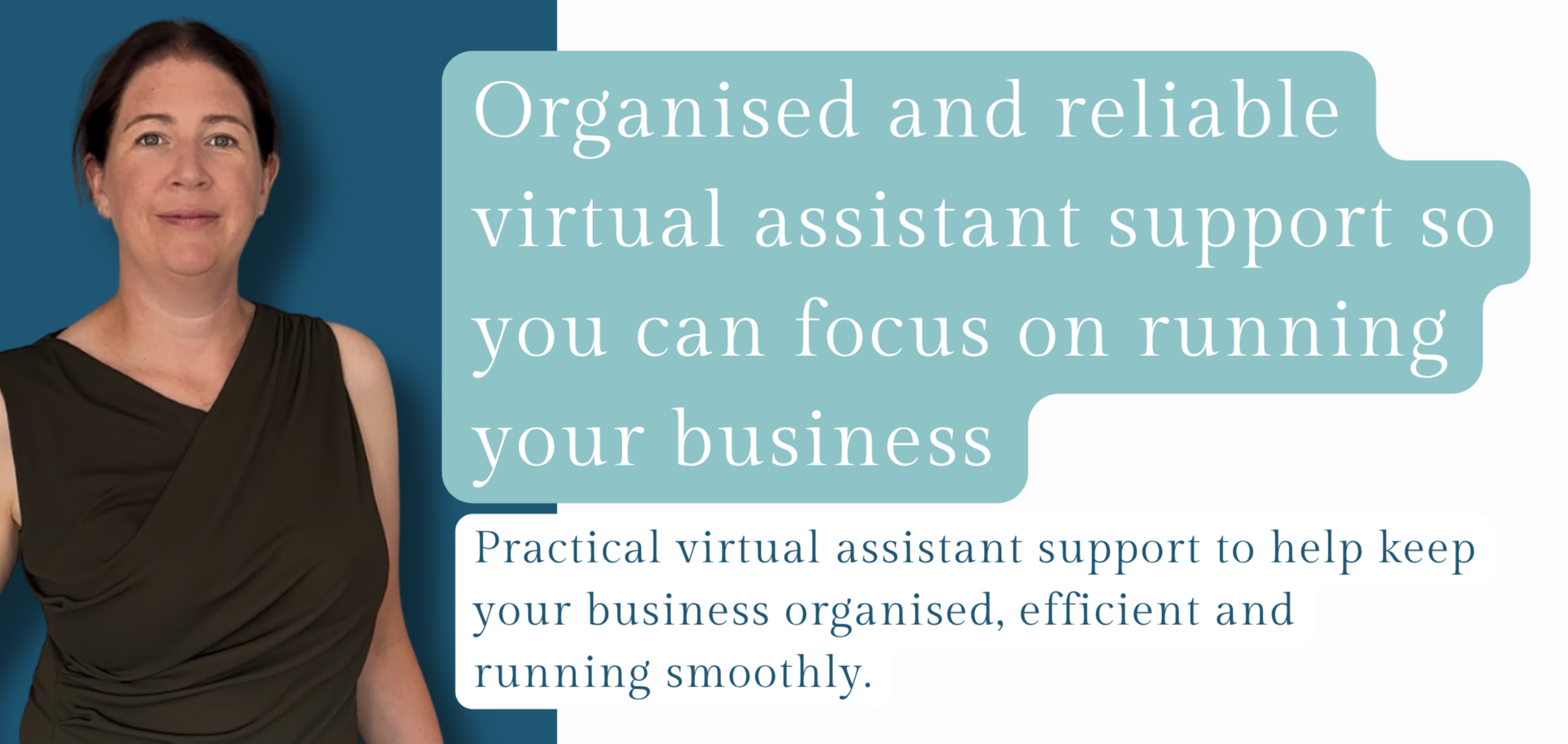 A woman with short brown hair wearing a sleeveless black top standing next to a speech bubble with text about virtual assistant support for businesses.