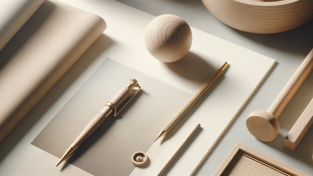 Arrangement of beige wooden and paper office supplies, including a pen, pencil, round paper punch, and various papers and wooden objects on a light surface.