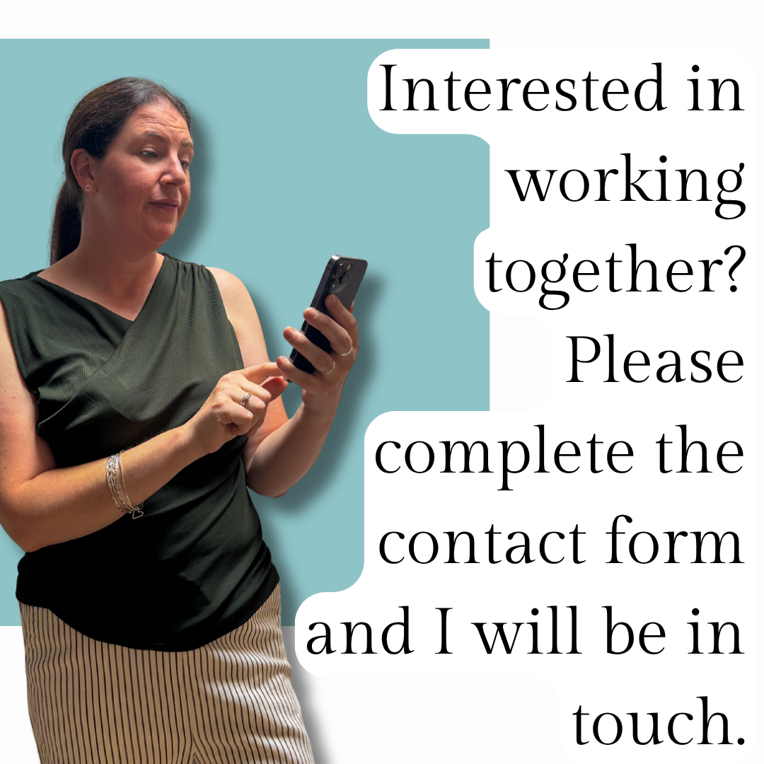 A woman with long brown hair in a green sleeveless top and striped pants looking at her phone with a slightly puzzled expression, against a split background with a teal section on the left and white section on the right containing text.