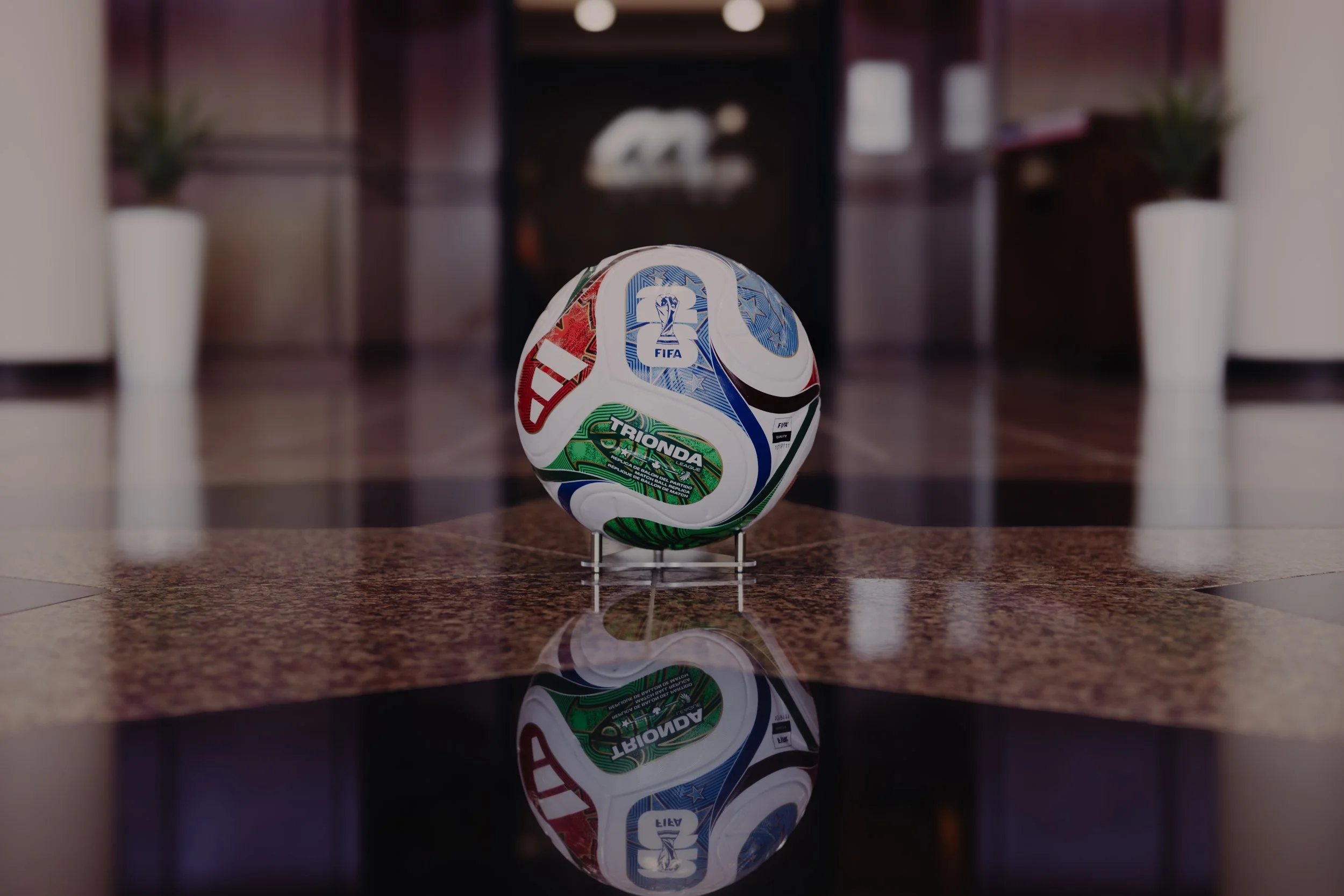 Trionda soccer ball in middle of rotunda with Mansfield council chambers in background