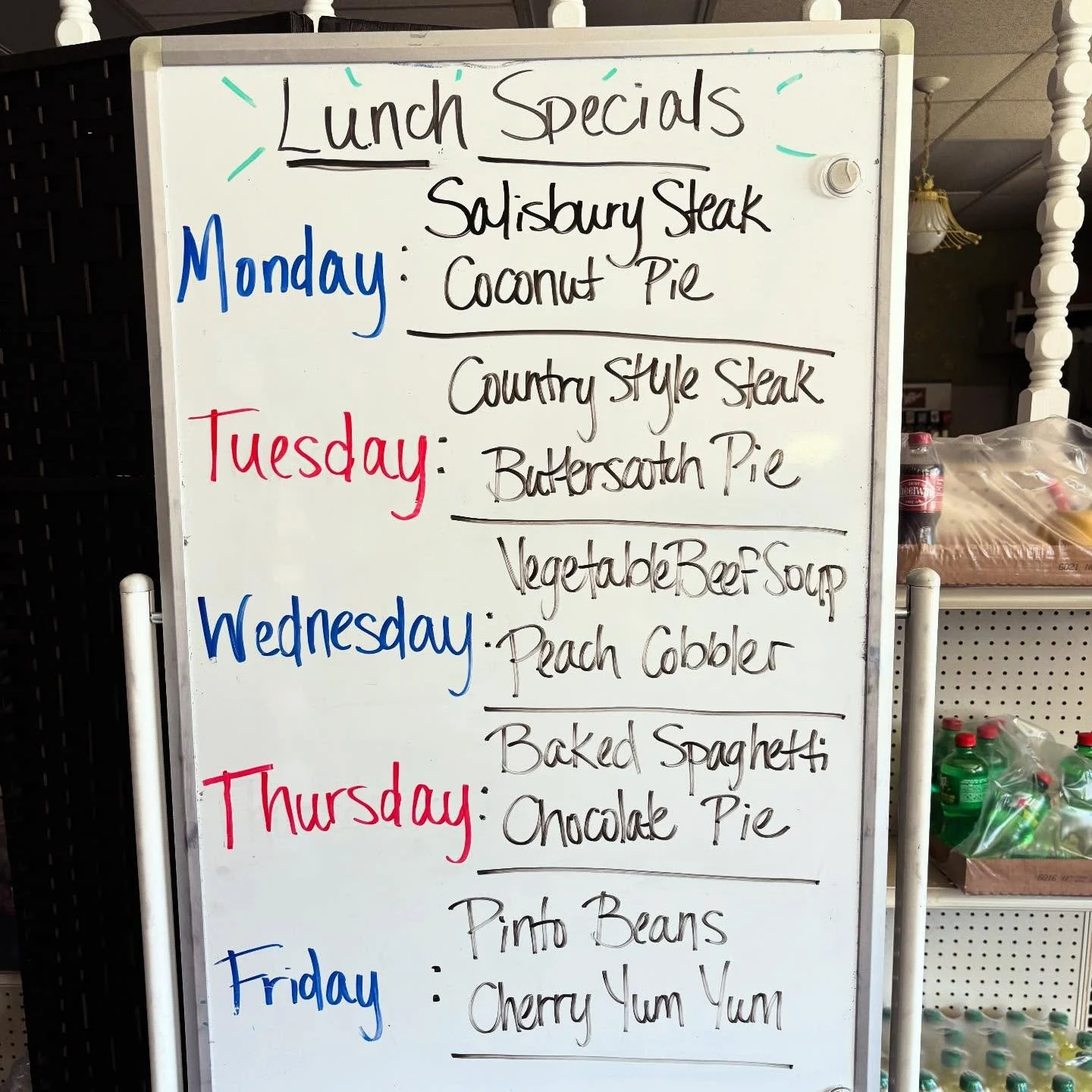 Lunch features for the week of March 30th. Last week of vegetable beef soup!!!