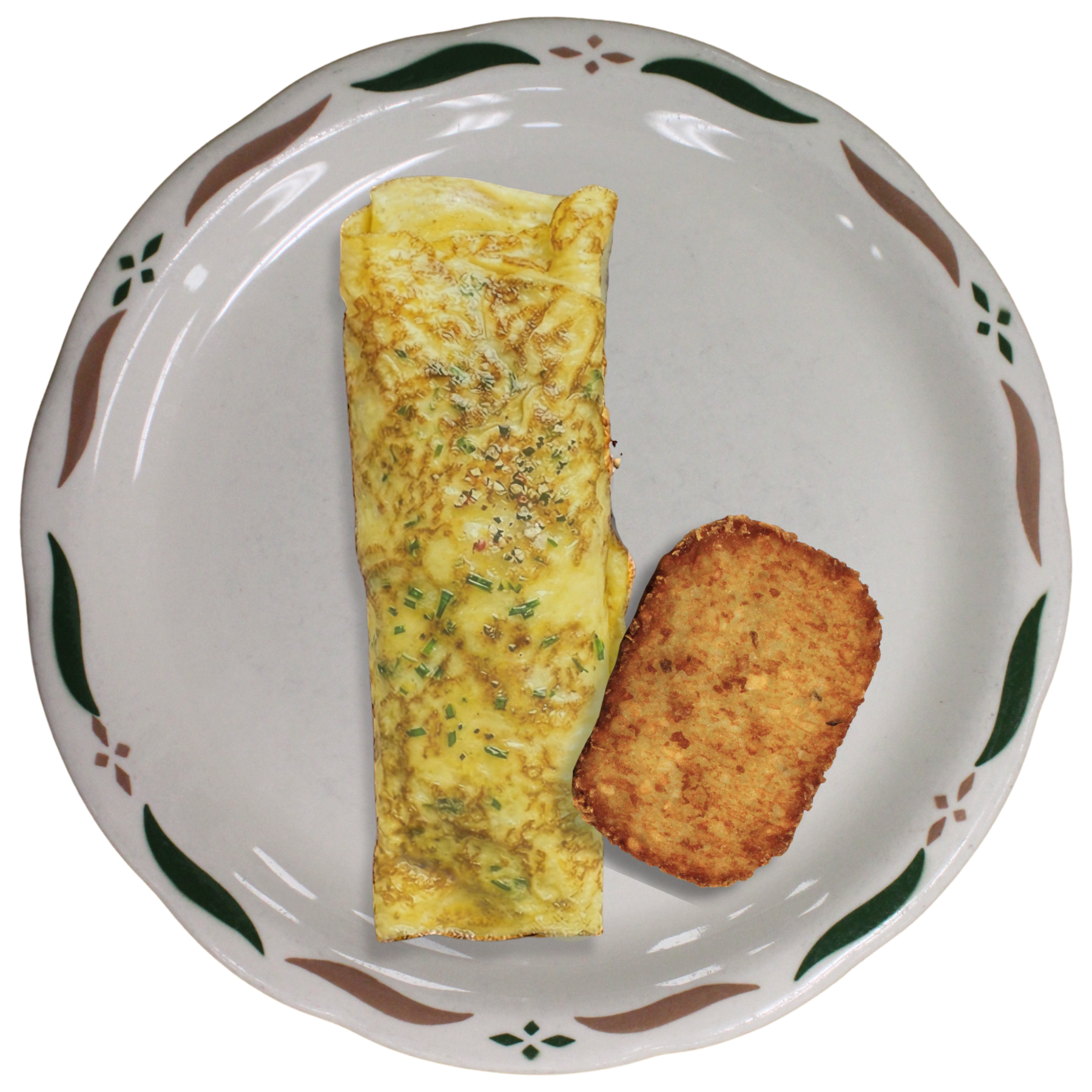 An omelette with chopped green onions next to a hash brown on a decorative plate at Sweet-T-Cafe in West Jefferson, NC.
