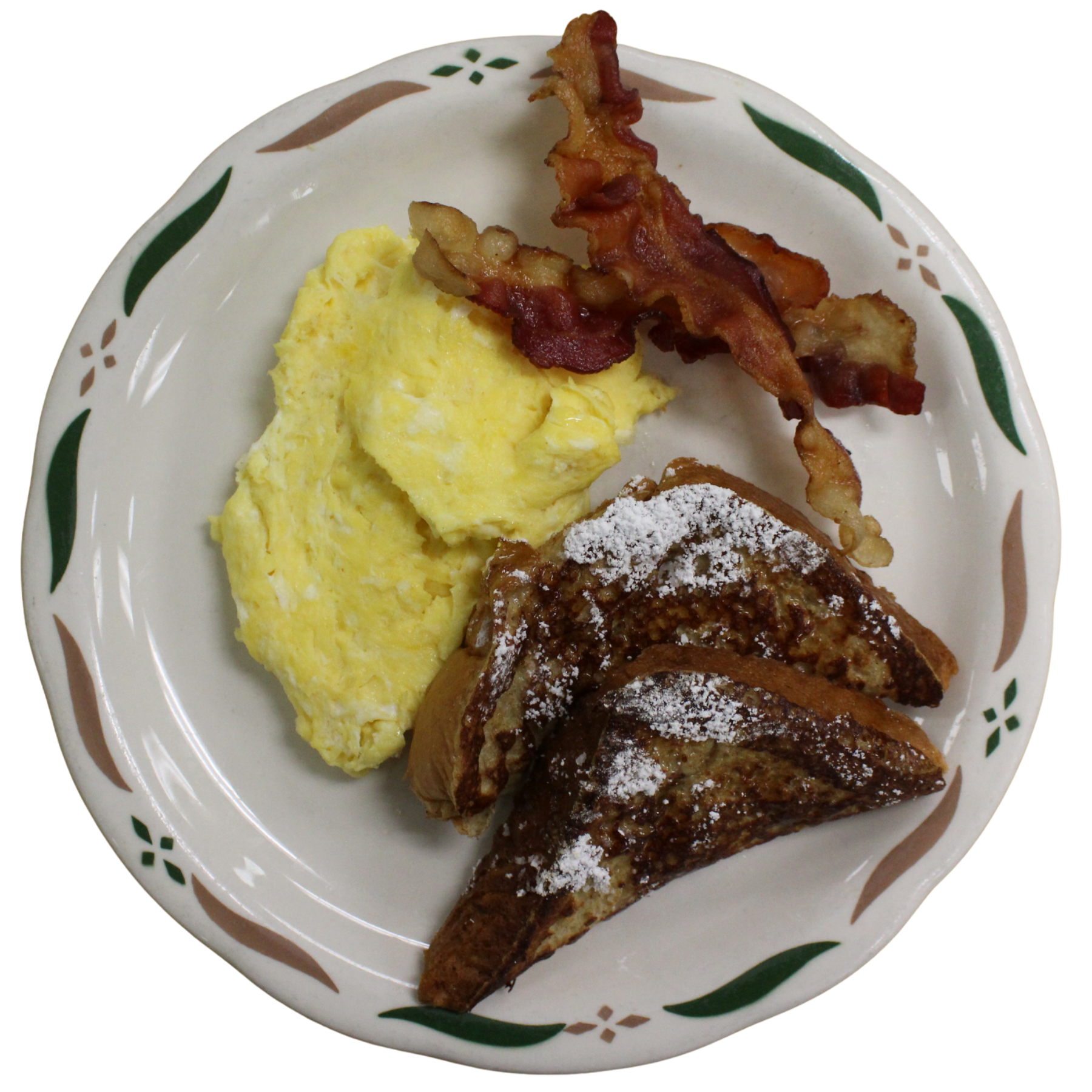Plate with scrambled eggs, bacon, French toast dusted with powdered sugar, and two slices of French toast at Sweet-T-Cafe in West Jefferson, NC.