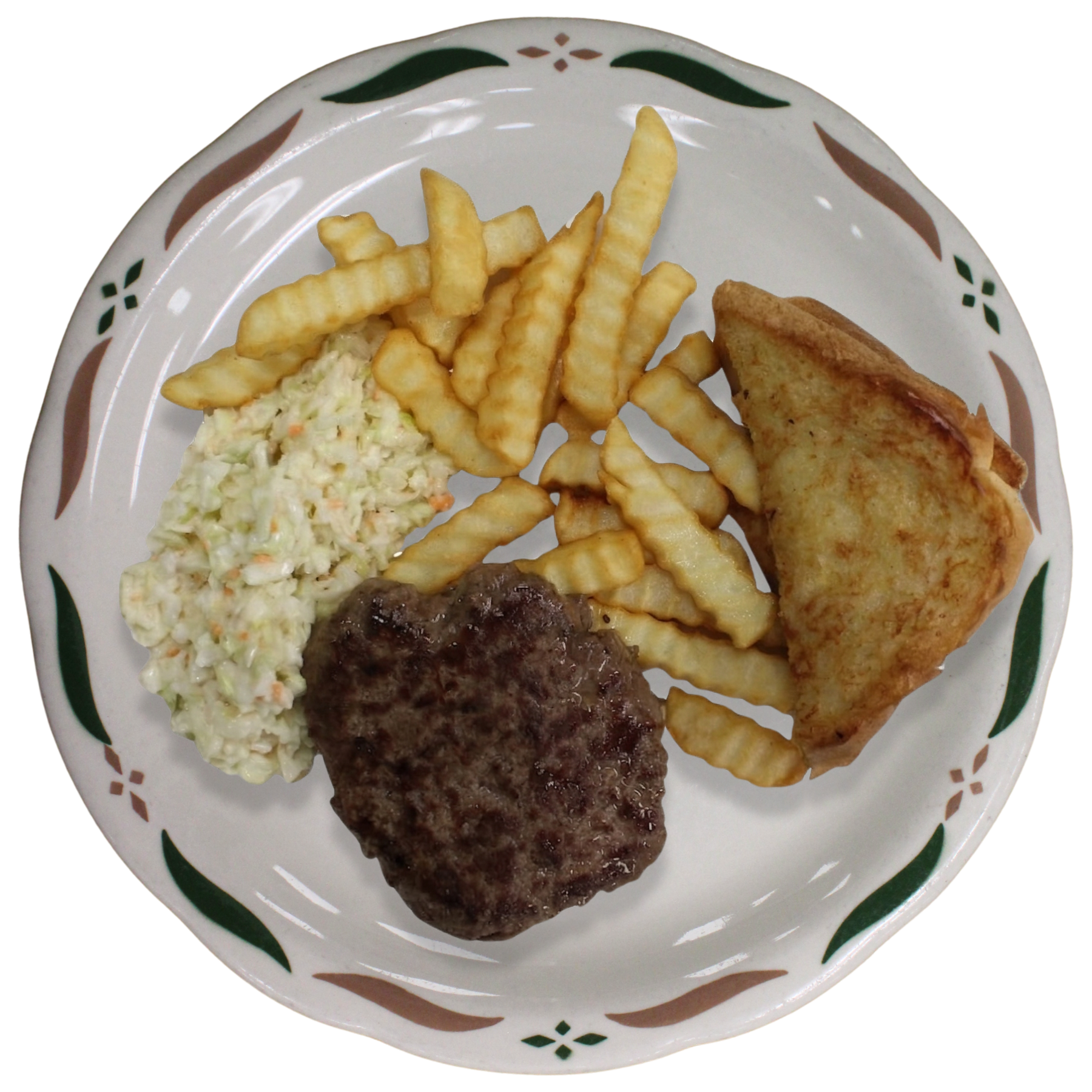 Plate with French fries, coleslaw, a hamburger steak, and a slice of toasted bread at Sweet-T-Cafe in West Jefferson, NC.
