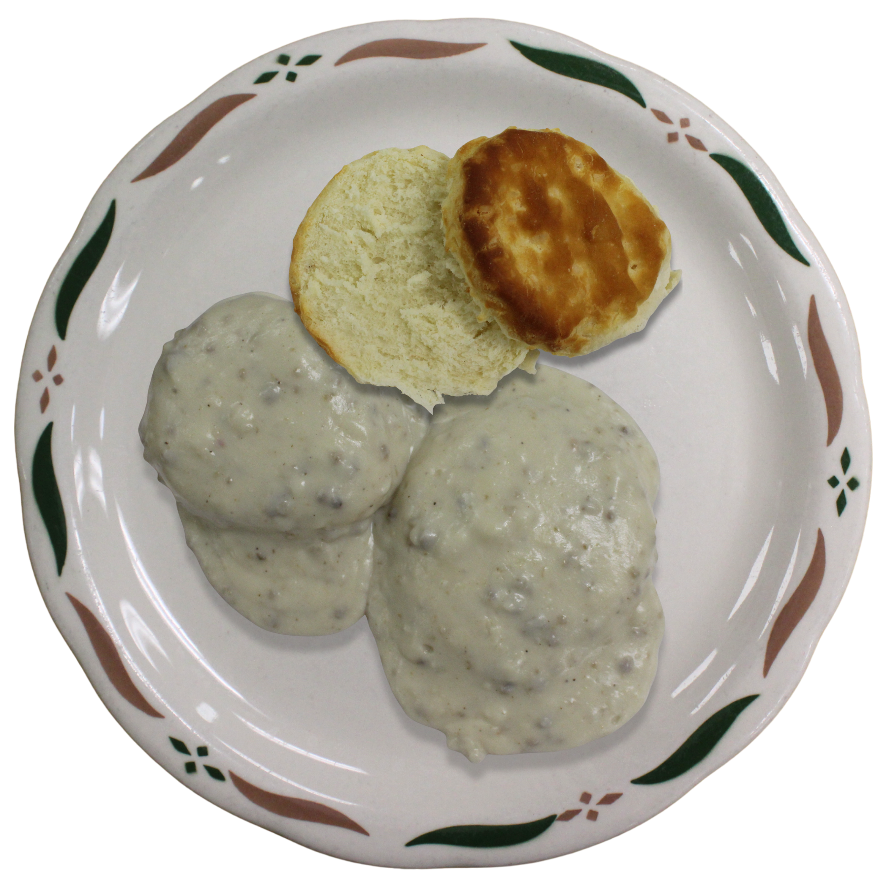 plate with biscuits and gravy, one biscuit with top half removed, on a decorative plate, at Sweet-T-Cafe in West Jefferson, NC.