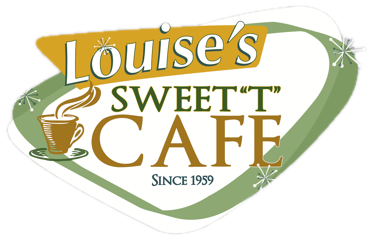 Retro-style logo for Louise's Sweet 'T' Cafe, featuring a steaming coffee cup, with text indicating it has been open since 1959, in green, brown, and gold colors with decorative starburst elements.