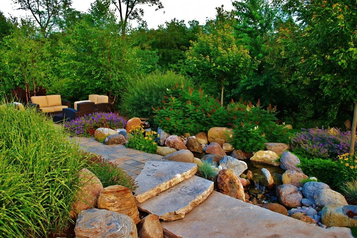 Stone steps beside stream with granite boulders