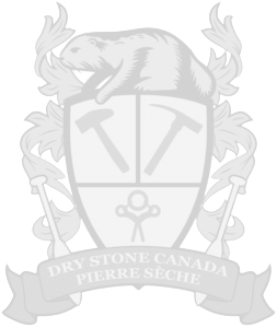 A coat of arms featuring a dragon, a shield with crossed tools, and a banner reading 'Dry Stone Canada Pierre Seche'.