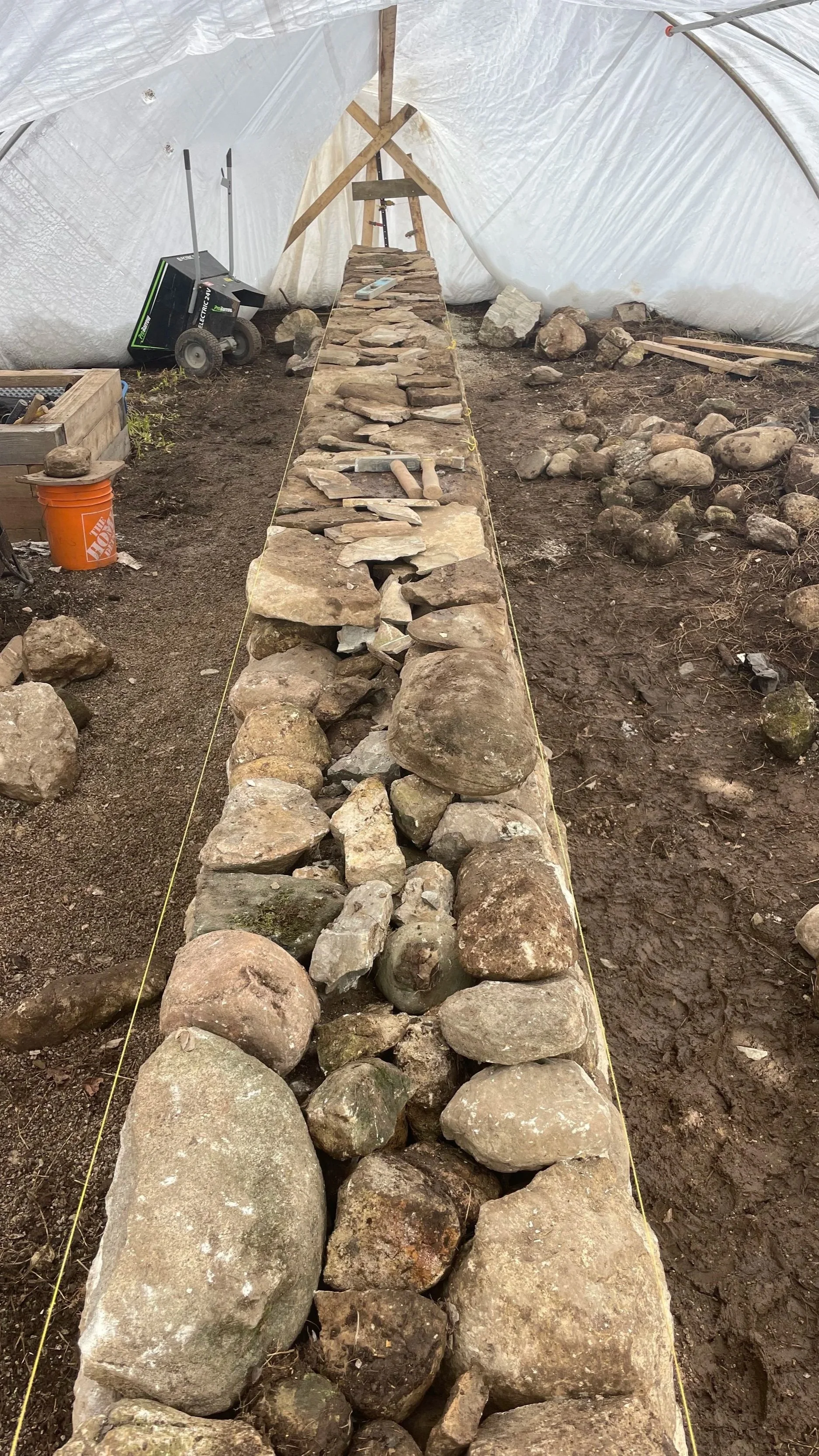 Drystone wall in progress during the winter