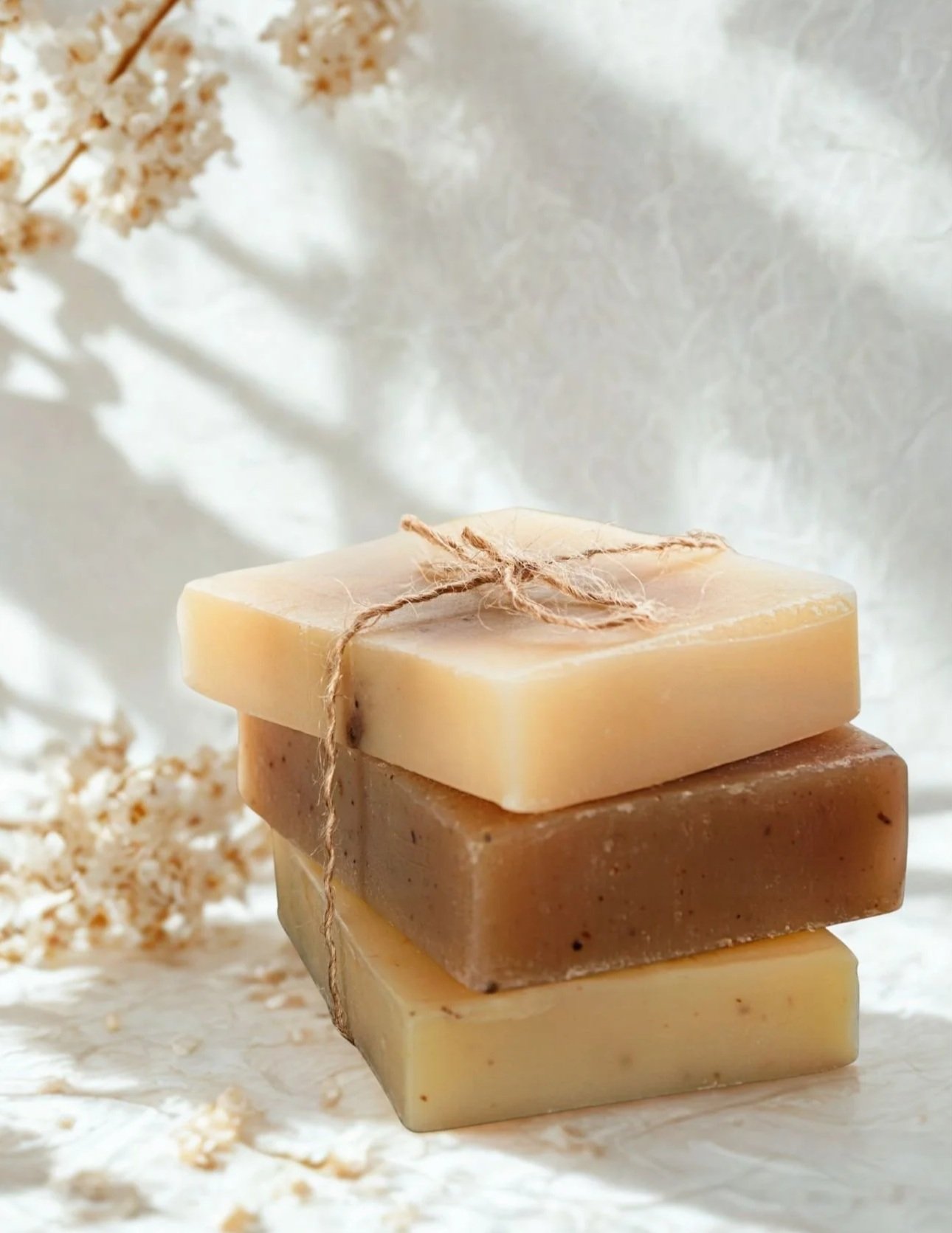 Stack of four handmade soap bars tied with twine, with white flowers in the background.