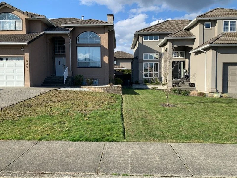 Side-by-side comparison showing lawn damage caused by grubs versus a healthy lawn protected by GrassMan treatments.