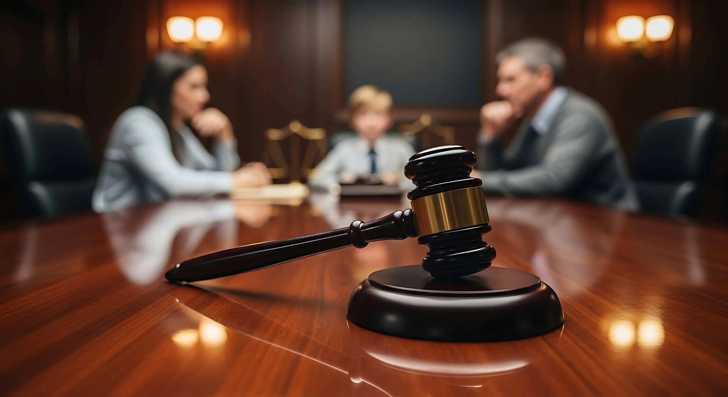 Gavel on a wooden table in a courtroom with three people blurred in the background, including a woman, a young boy, and a man, engaged in a discussion.