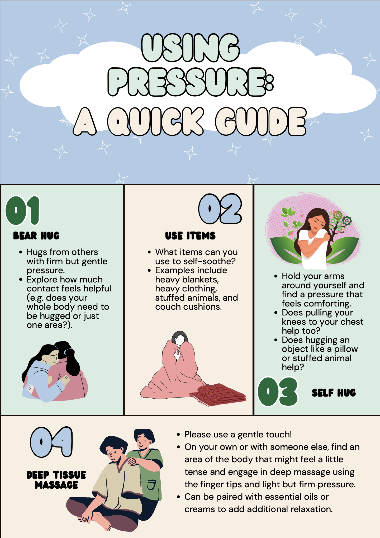 An infographic titled "Using Pressure: A Quick Guide" with tips on different types of hugs and massages for self-soothing and relaxation, illustrated with cartoon images of people hugging, sitting with their arms around themselves, and receiving a massage.