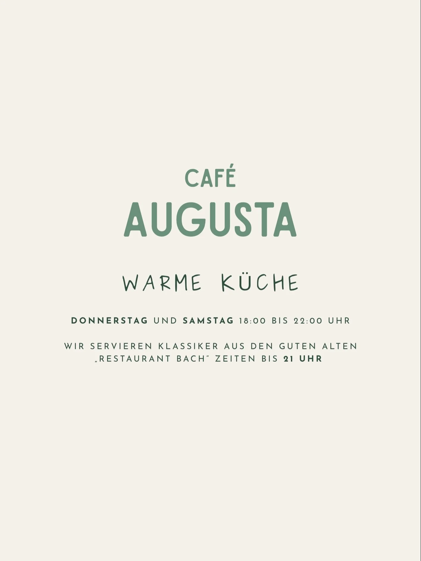 Neue Karte, neue Vibes ✨

Unsere Abendk&uuml;che hat ein kleines Upgrade bekommen &ndash; mit ein paar neuen Lieblingsgerichten und einem echten Restaurant Bach Comeback: Spaghetti Curry-H&uuml;hnchen 👀🔥

Donnerstag &amp; Samstag
18:00&ndash;22:00 
