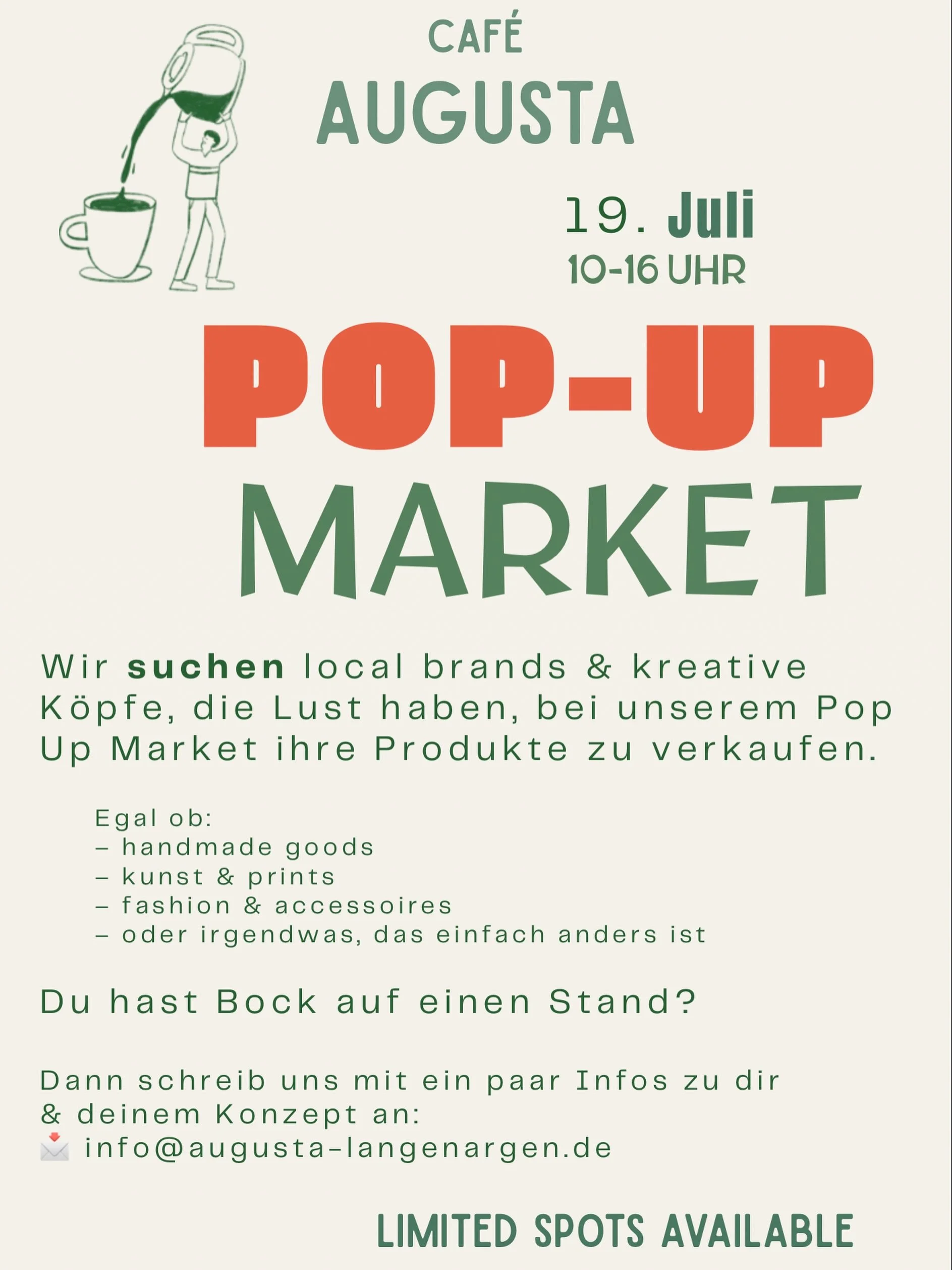 ✨ Wir machen Platz f&uuml;r Kreativit&auml;t!

Am 19. Juli verwandelt sich das Caf&eacute; Augusta in einen kleinen Markt voller besonderer Ideen, sch&ouml;ner Produkte und kreativer Menschen.

Du hast ein eigenes Label, machst Schmuck, Kunst, Prints