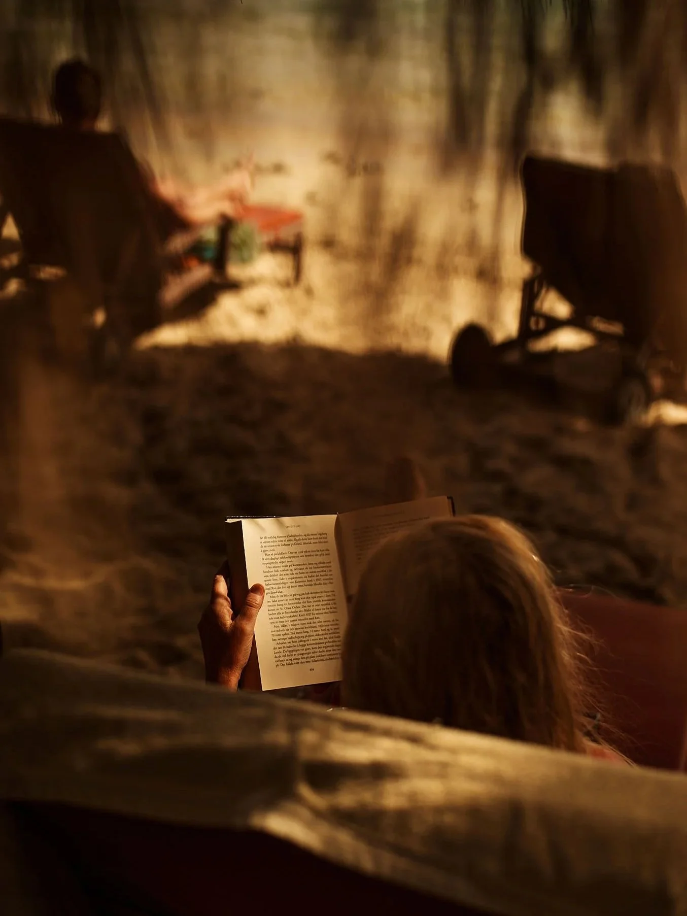 Person reading a book in a dark, outdoor setting with a stone wall background and two blurred people sitting at a table in the distance.
