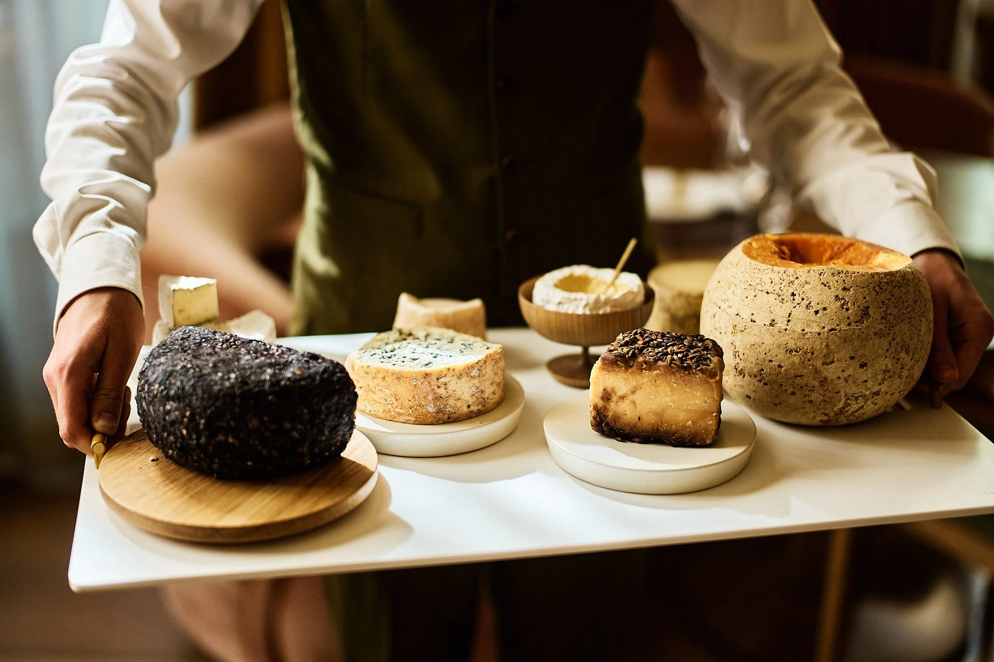 Person in white shirt and dark vest holding a white tray with various types of cheese and a bowl of spread, including a large round cheese with holes, some crumbly cheese, and a block of cheese coated with seeds.