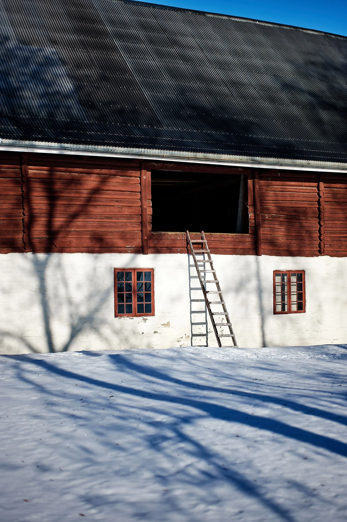 A rustic barn with a red wooden upper part and a white lower part, with two small windows below. There is a ladder leaning against the barn leading to an open second story. Snow covers the ground, and shadows of barren trees are cast across the snow.