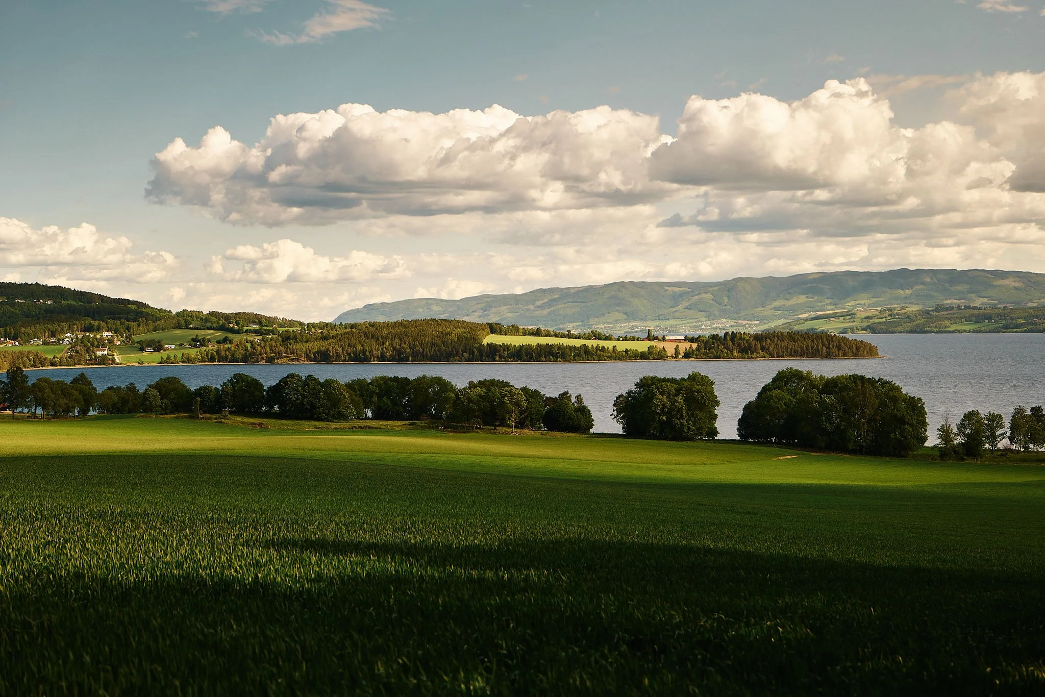 Landscape with green fields, trees, a large lake, and distant hills under a partly cloudy sky.