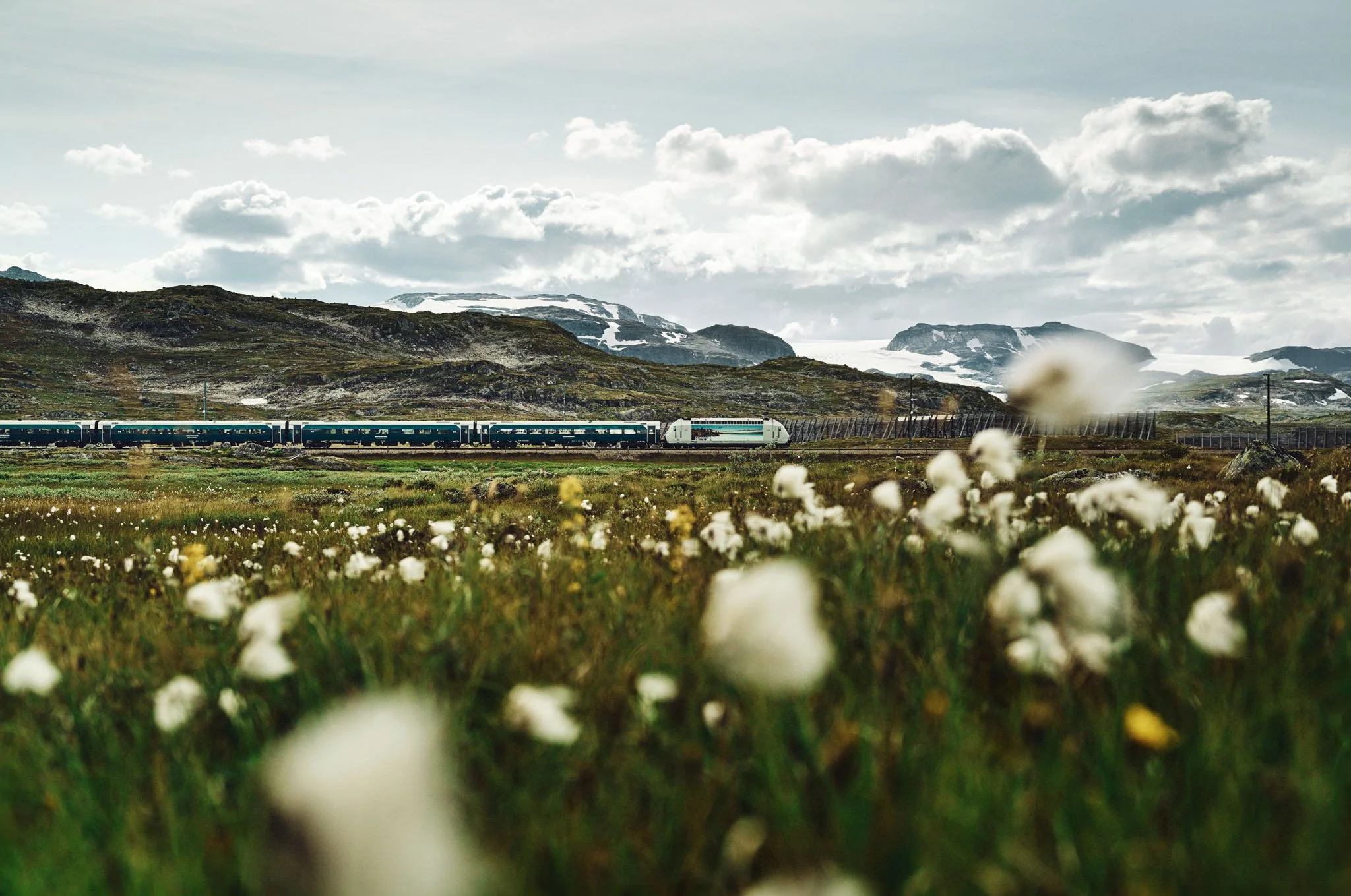Vy train in  landscape near Finse, Bergen Line, Norway