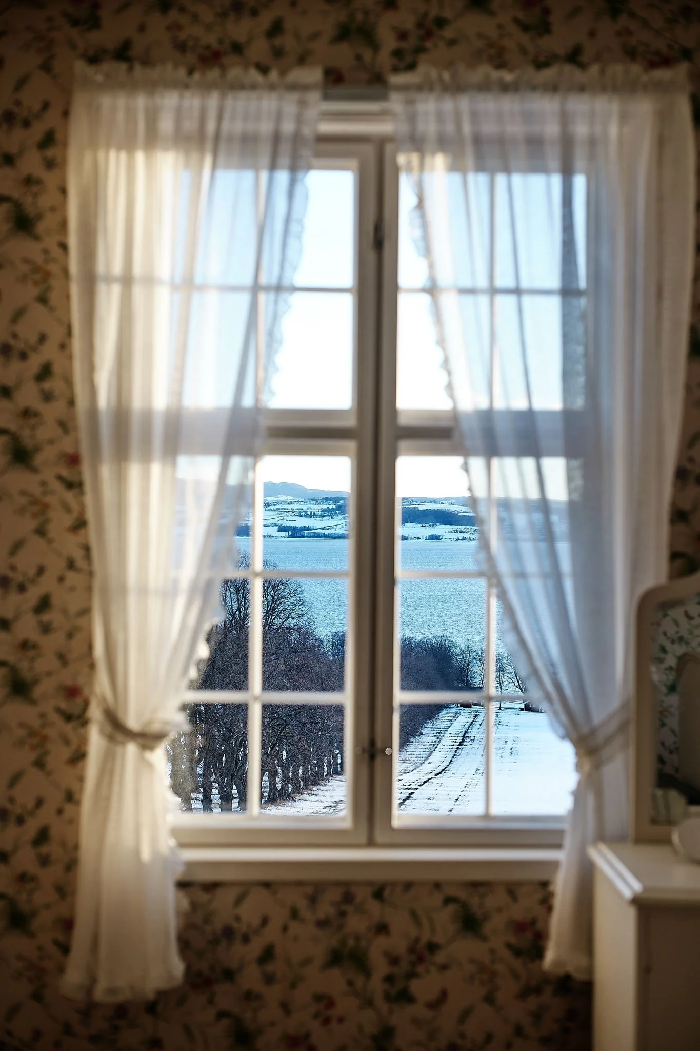 View through a window of a snowy landscape with trees, a body of water, and distant hills on a clear day.