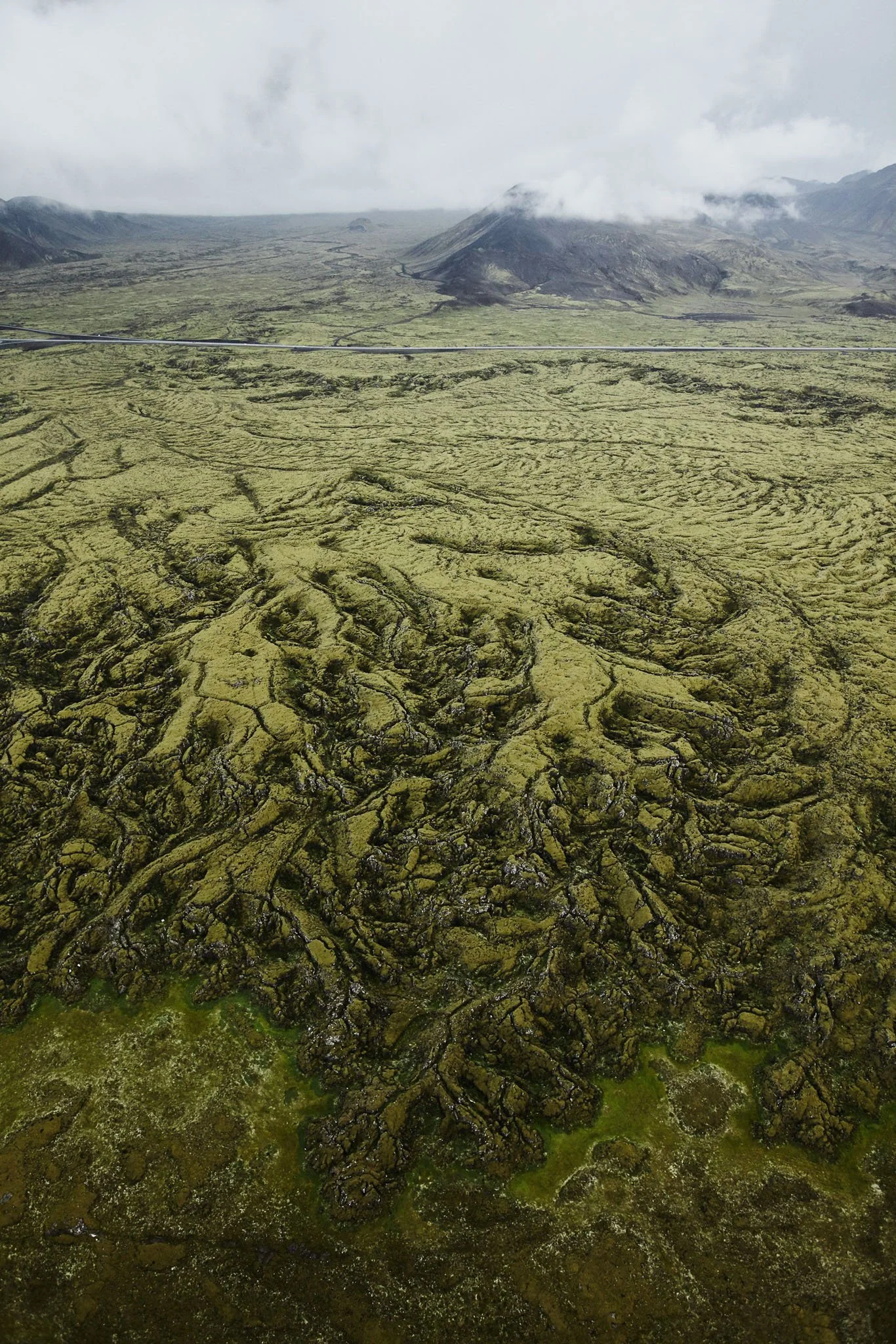 Aerial view of green moss-covered lava field with volcanic mountains and cloudy sky in the background.