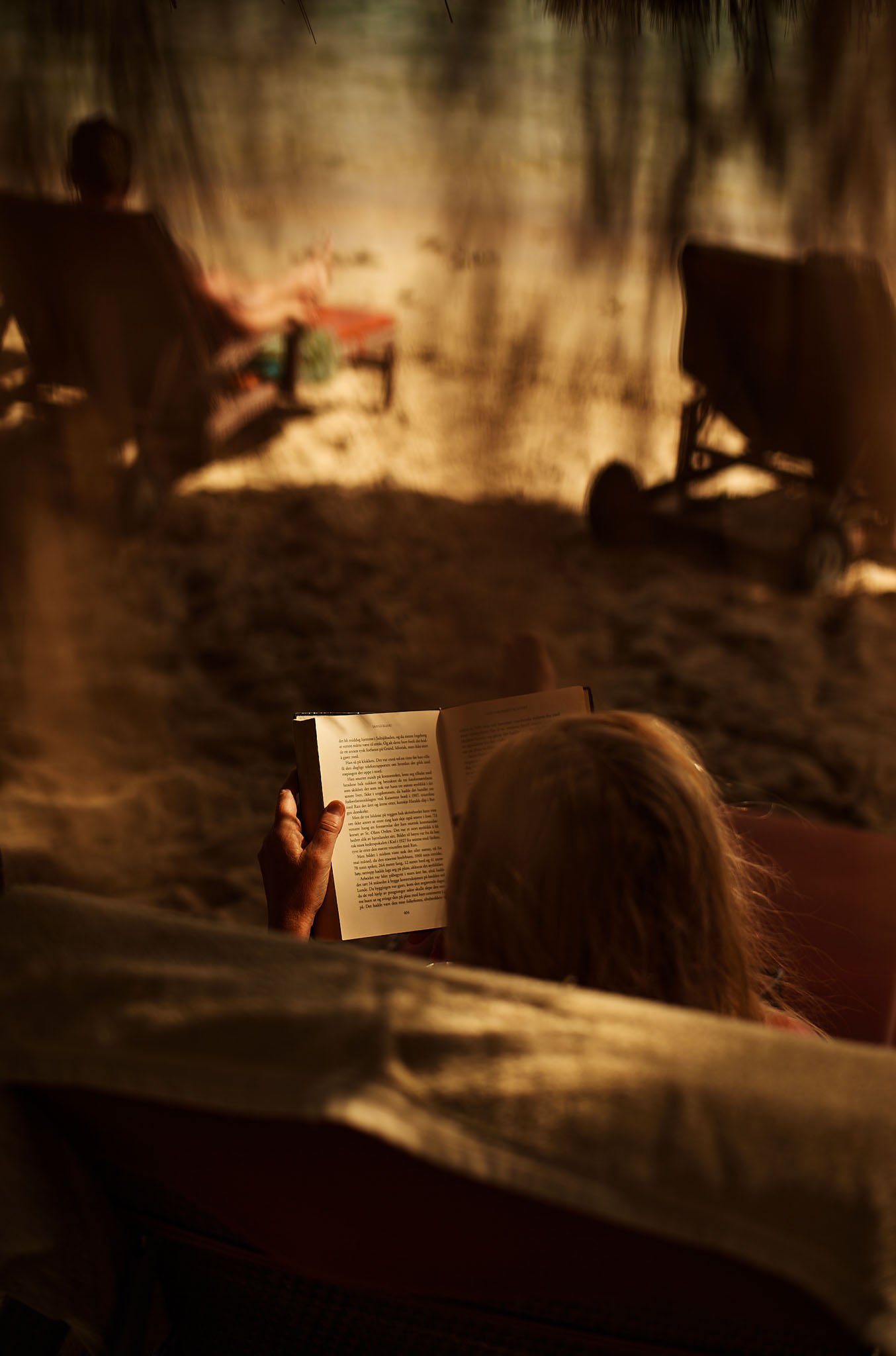 Person reading a book in a cozy, dimly lit room with a projected background showing two people sitting at a table.