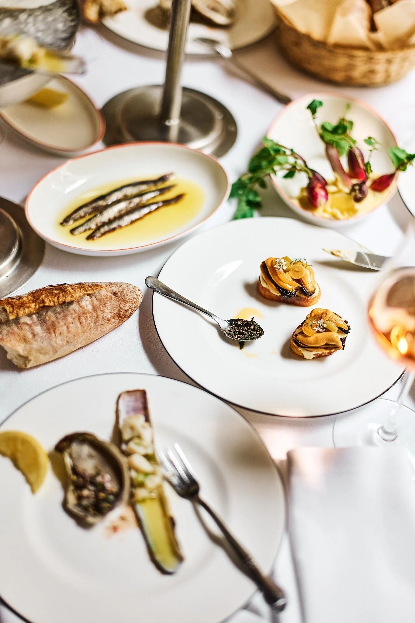 Elegant table setting with various dishes including sardines in oil, appetizers with dressing, bread, and a bowl of radishes with greens.