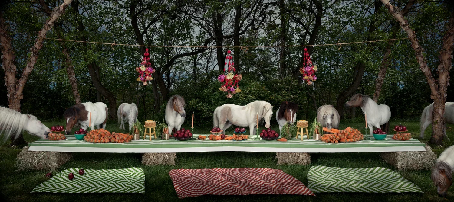 A Claire Rosen photograph showing a whimsical outdoor scene featuring a long table set with carrots, apples, and greenery, surrounded by multiple white horses with some brown markings, in a lush forest setting.