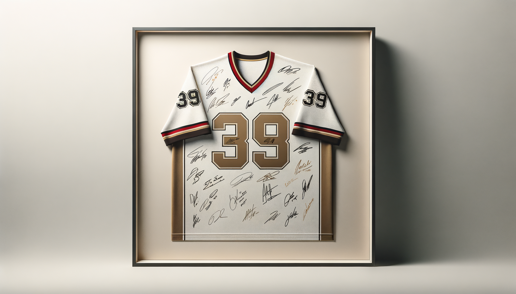 Framed sports jersey with the number 39 and multiple signatures, displayed on a wall.