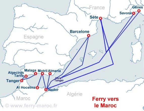 Carte des itinéraires de ferry entre la France, l'Espagne et le Maroc, avec des ports comme Gênes, Savone, Barcelone, Sète, Málaga, Algeciras, Tarifa, Tanger, Al Hoceima, Nador et plusieurs autres.