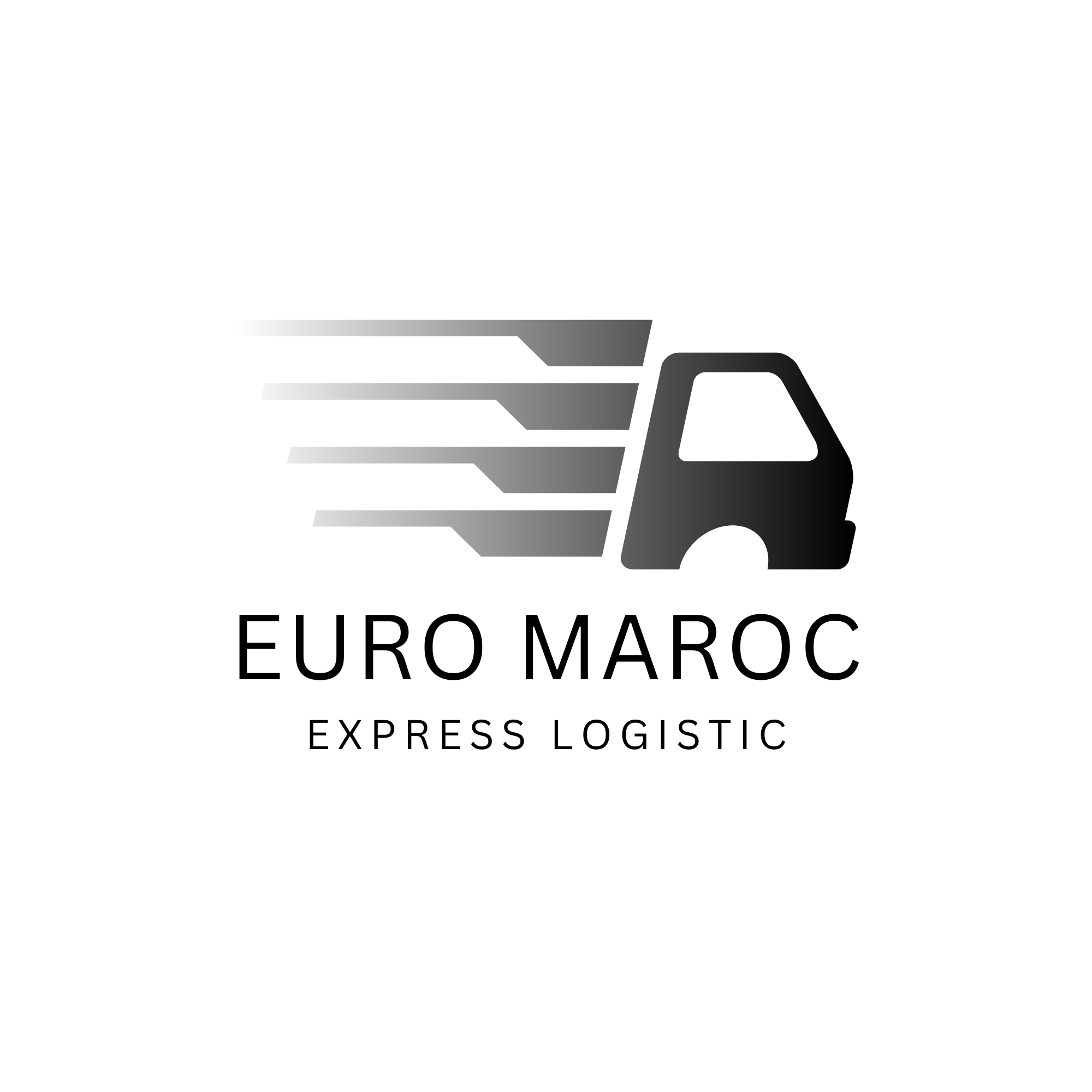 Logo d'entreprise de logistique avec un camion stylisé en noir et gris, accompagnée du texte 'EURO MAROC' et 'EXPRESS LOGISTIC'.